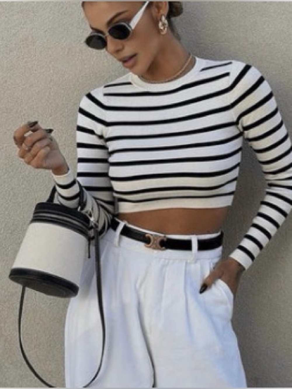 Commense Black & White Striped Long-Sleeve Crop Top